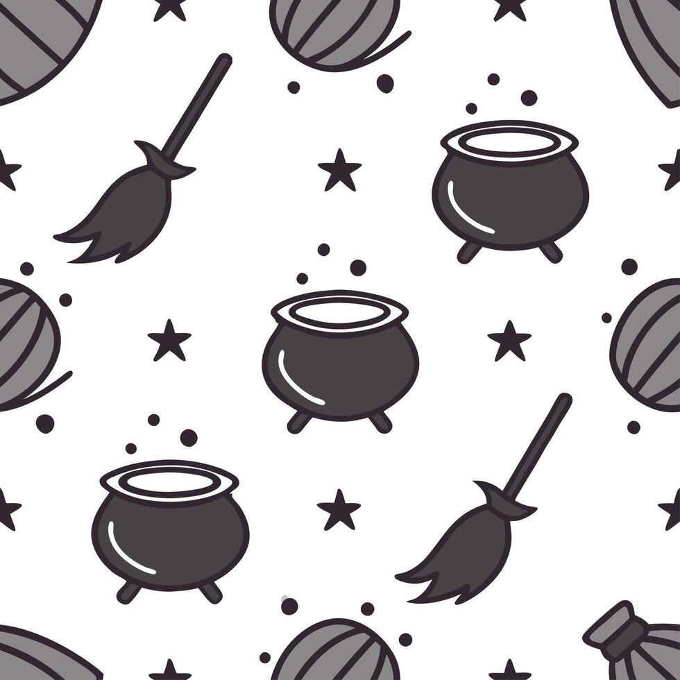 Witches and cauldrons seamless tile pattern with magical elements and dark colors for enchanting Halloween decor concept as Magical witches and bubbling cauldrons arranged seamless Dynamics vector