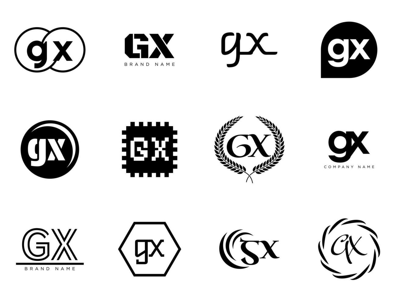 GX logo company template. Letter g and x logotype. Set different classic serif lettering and modern bold text with design elements. Initial font typography. vector