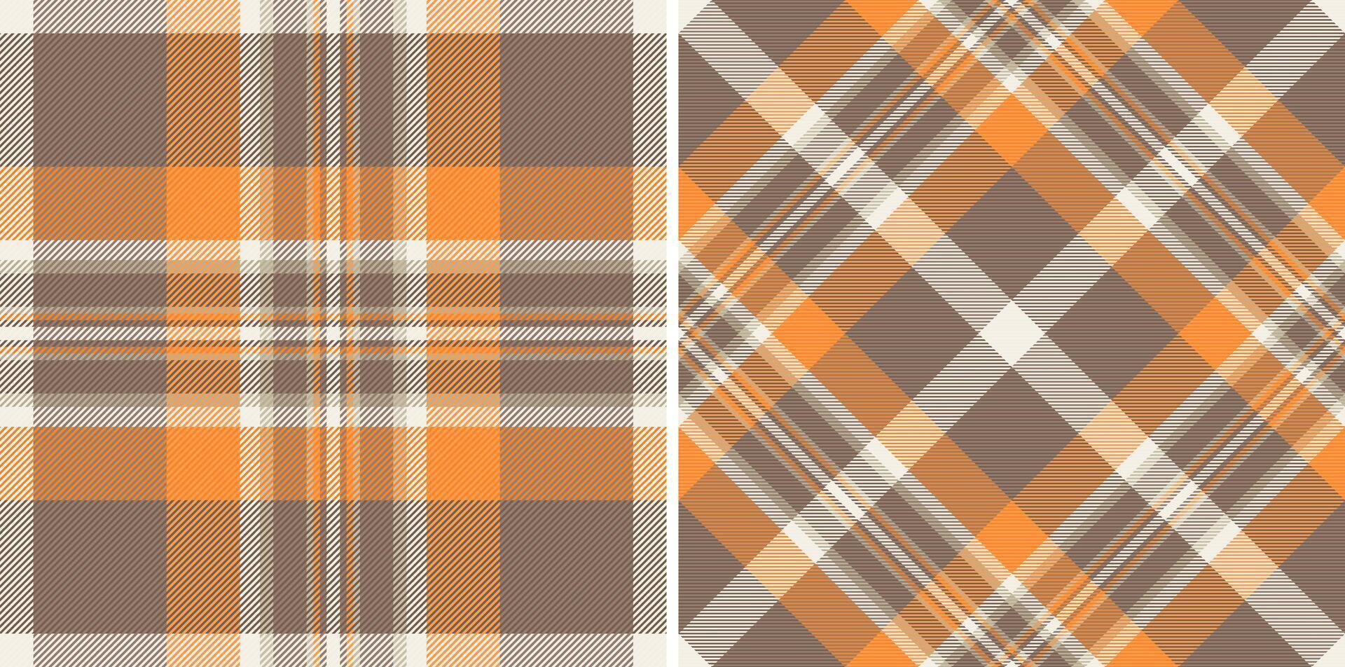 Two autumnal plaid patterns. Warm orange and brown hues create a cozy, rustic feel, perfect for fallthemed designs. Versatile image ideal for textiles, websites, or seasonal branding. vector