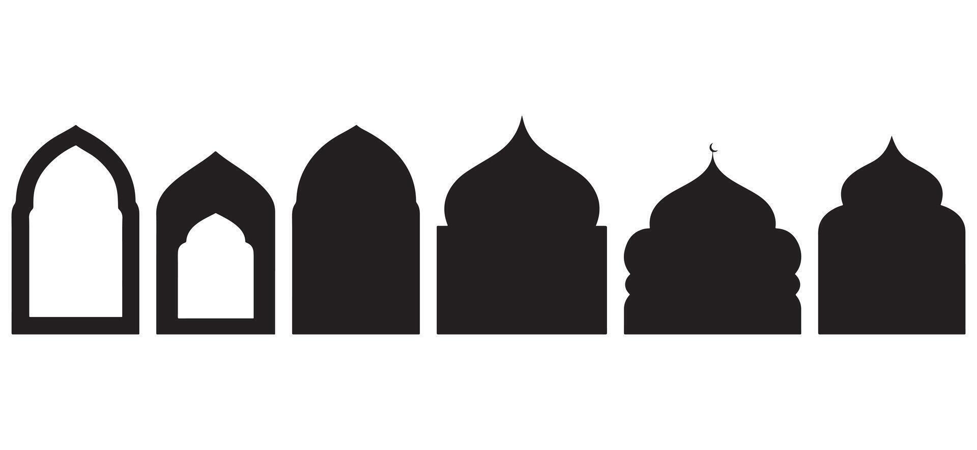 Islamic window black silhouette shape collection. Frames and arabian arch silhouette in oriental style. Ramadan kareem frames. Muslim architecture design elements. vector
