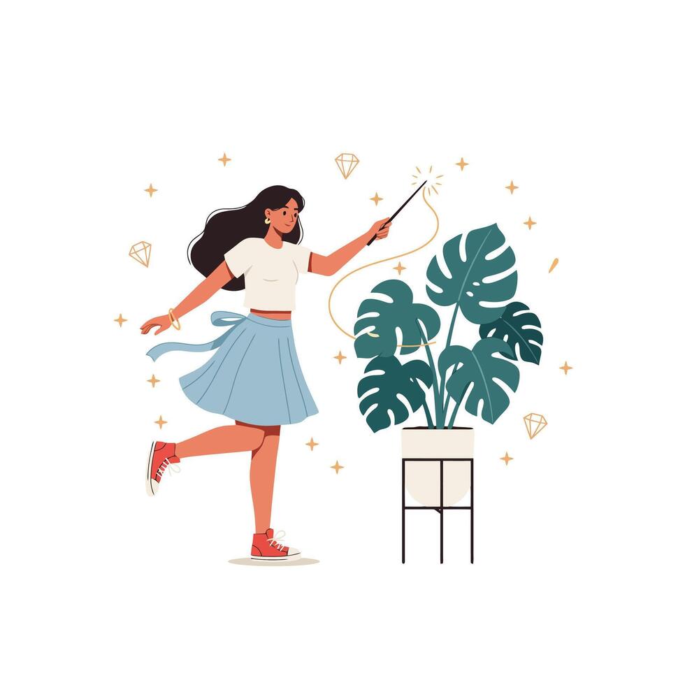 Woman with Magic Wand Touches Plant Bringing Sparkle and Charm vector