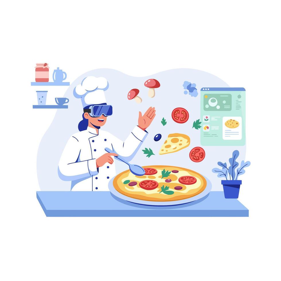 Chef Cooking Pizza in Virtual Reality with Floating Ingredients Design vector