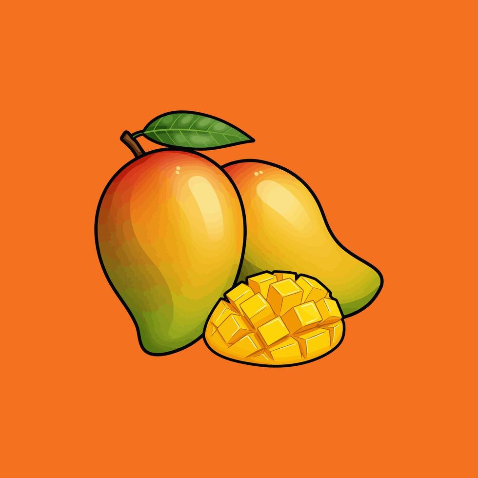Delicious Mango Fruit Illustration with Sliced Cubes on Orange Background vector