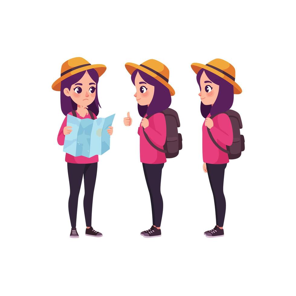 Cartoon Traveler Girl with Map and Backpack in Different Poses vector