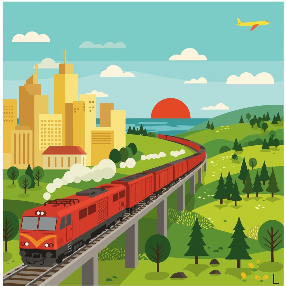 Red Train Journey Through Landscape with City Skyline and Sunset vector