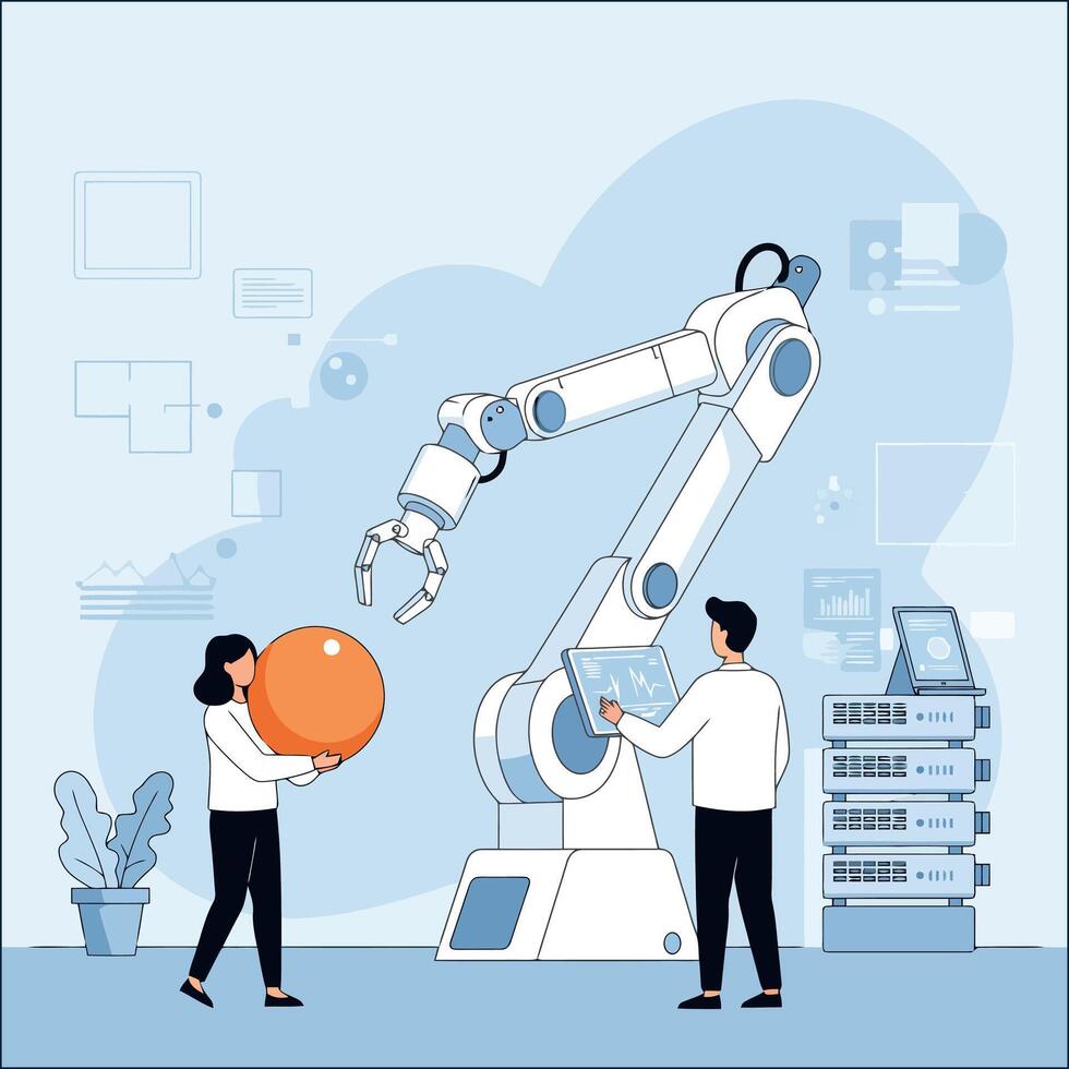 Operating Robotic Arm for Manufacturing Automation and Factory Efficiency Concept vector