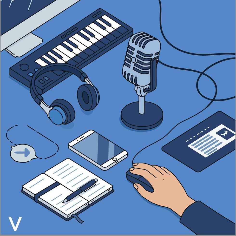 Podcast Recording Setup with Microphone and Accessories Isometric Illustration vector
