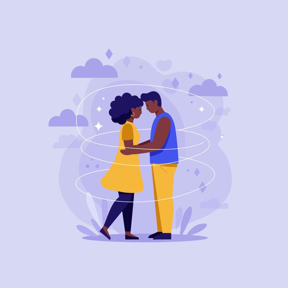 Romantic Couple Embracing with Magical Aura in Dreamy Cartoon Style vector