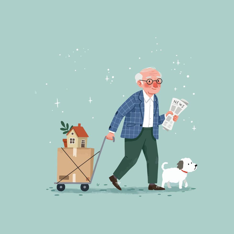 Senior Man Moving House with Dog, Carrying Newspaper and House Model vector