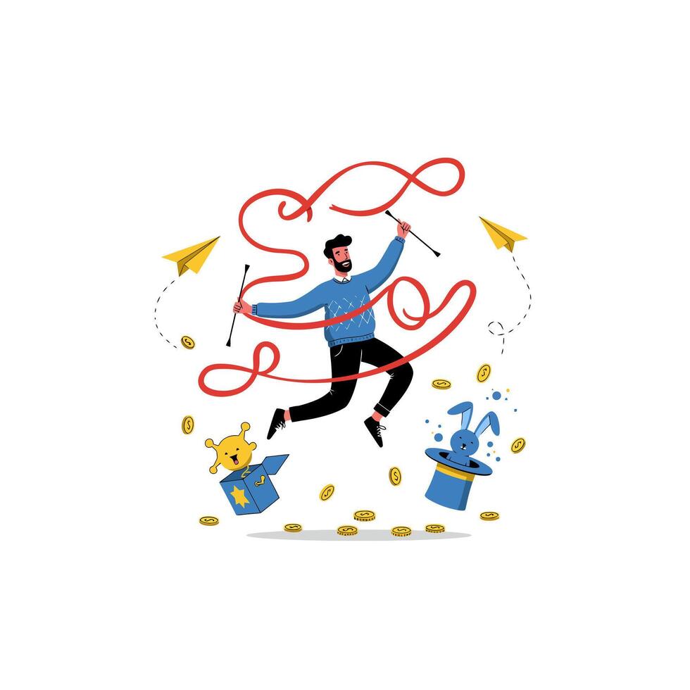 Magician Performing Tricks with Ribbons, Coins, and Rabbit in Hat vector