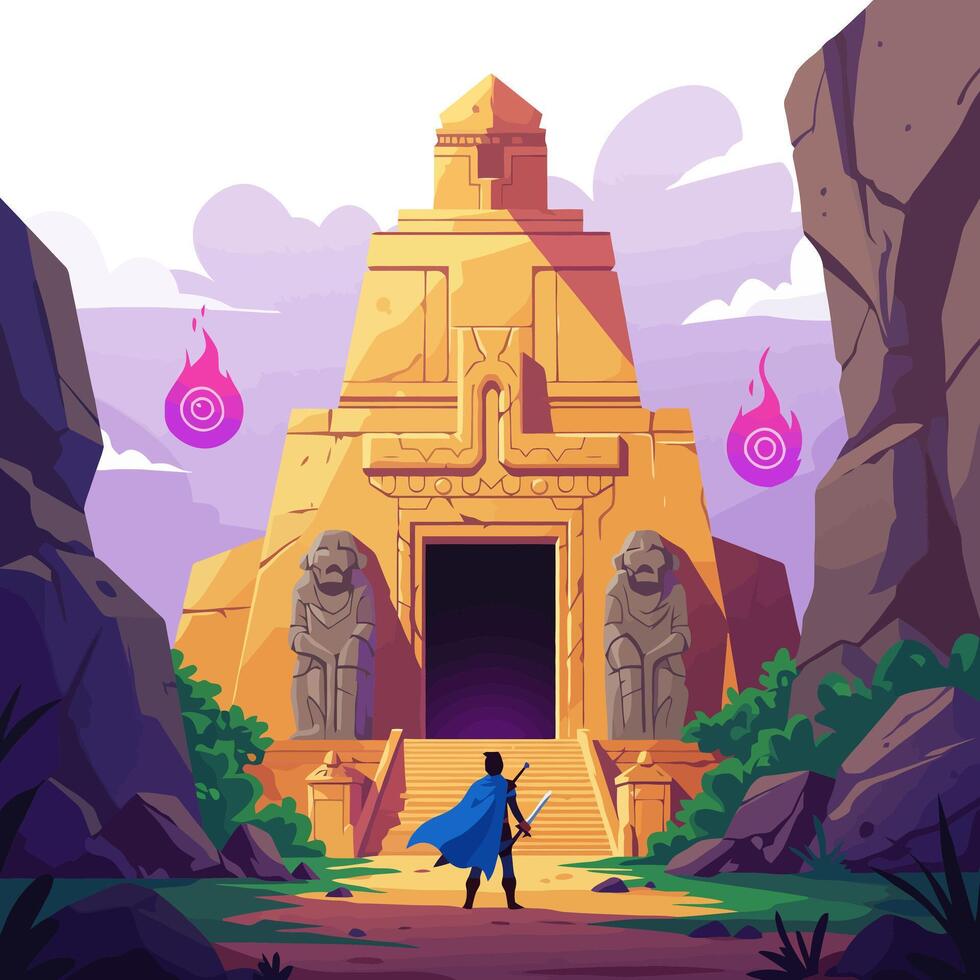 Brave Warrior Approaching Ancient Temple in Fantasy Landscape Illustration Art vector