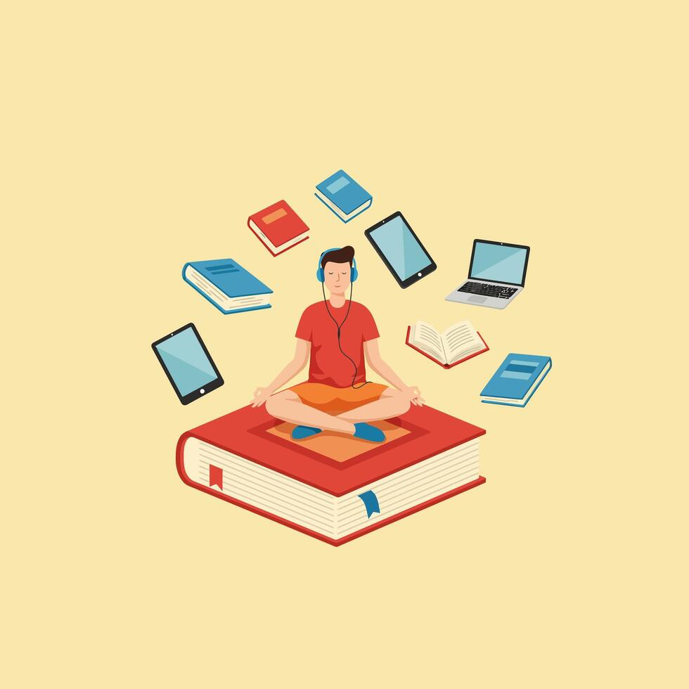 Man Meditating on a Book with Surrounding Technology and Learning Tools vector