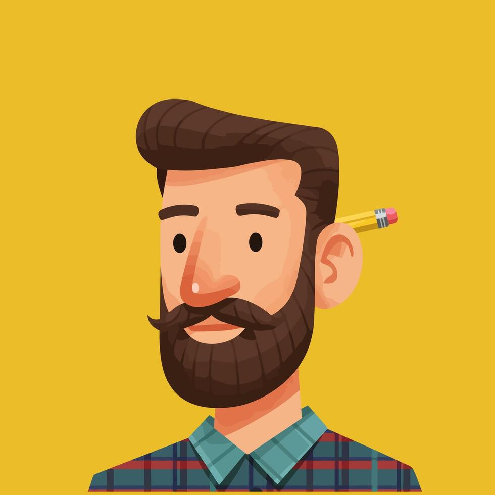 Cartoon Man Portrait with Beard and Pencil Behind Ear on Yellow vector