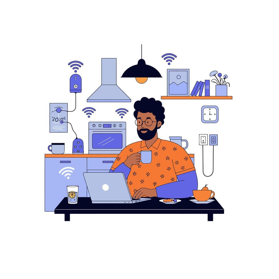 Man Working on Laptop with Coffee in Smart Home Kitchen vector