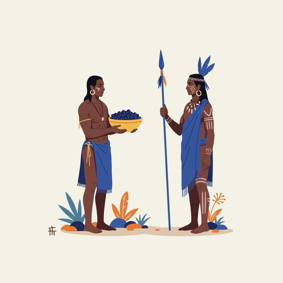 Native American Men with Offerings Illustration Featuring Spear and Bowl vector