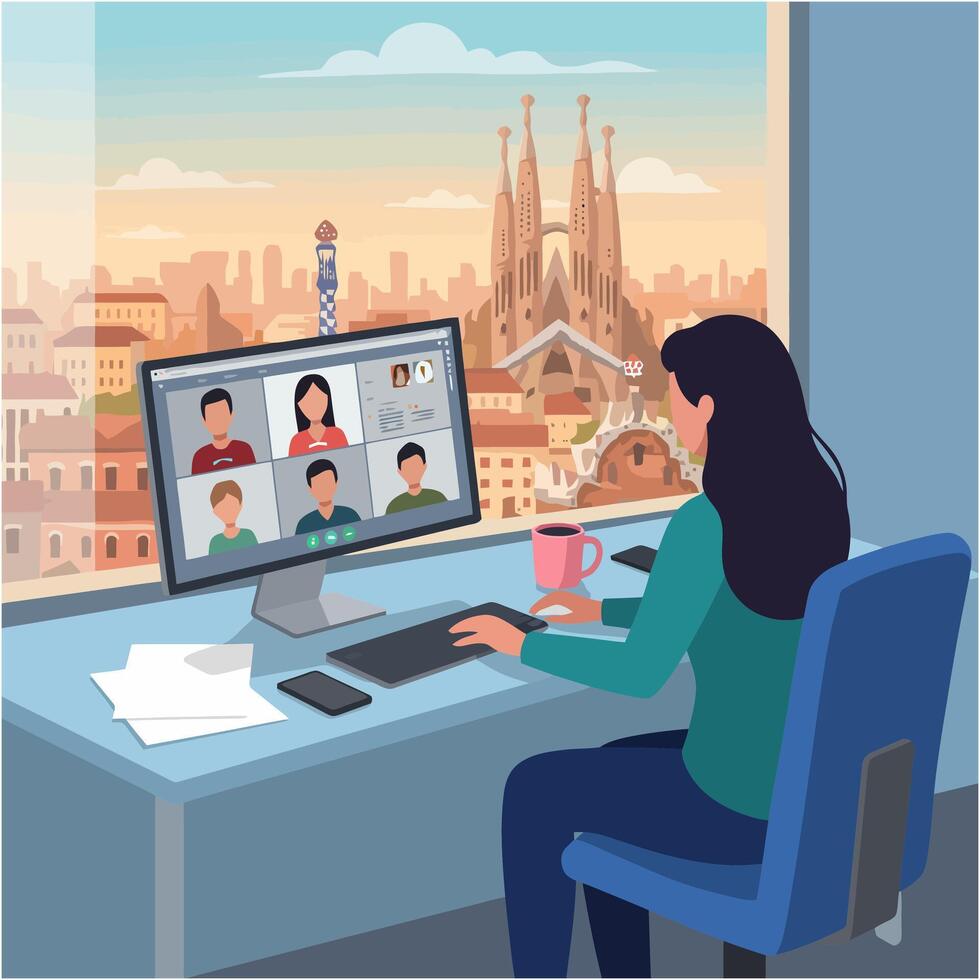Woman Attending Call with Sagrada Familia View in Barcelona vector