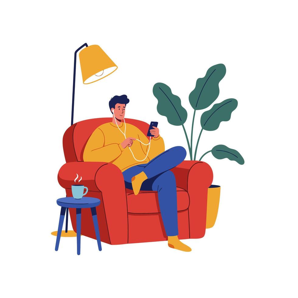 Man Relaxing in Armchair Listening to Music and Using Smartphone vector