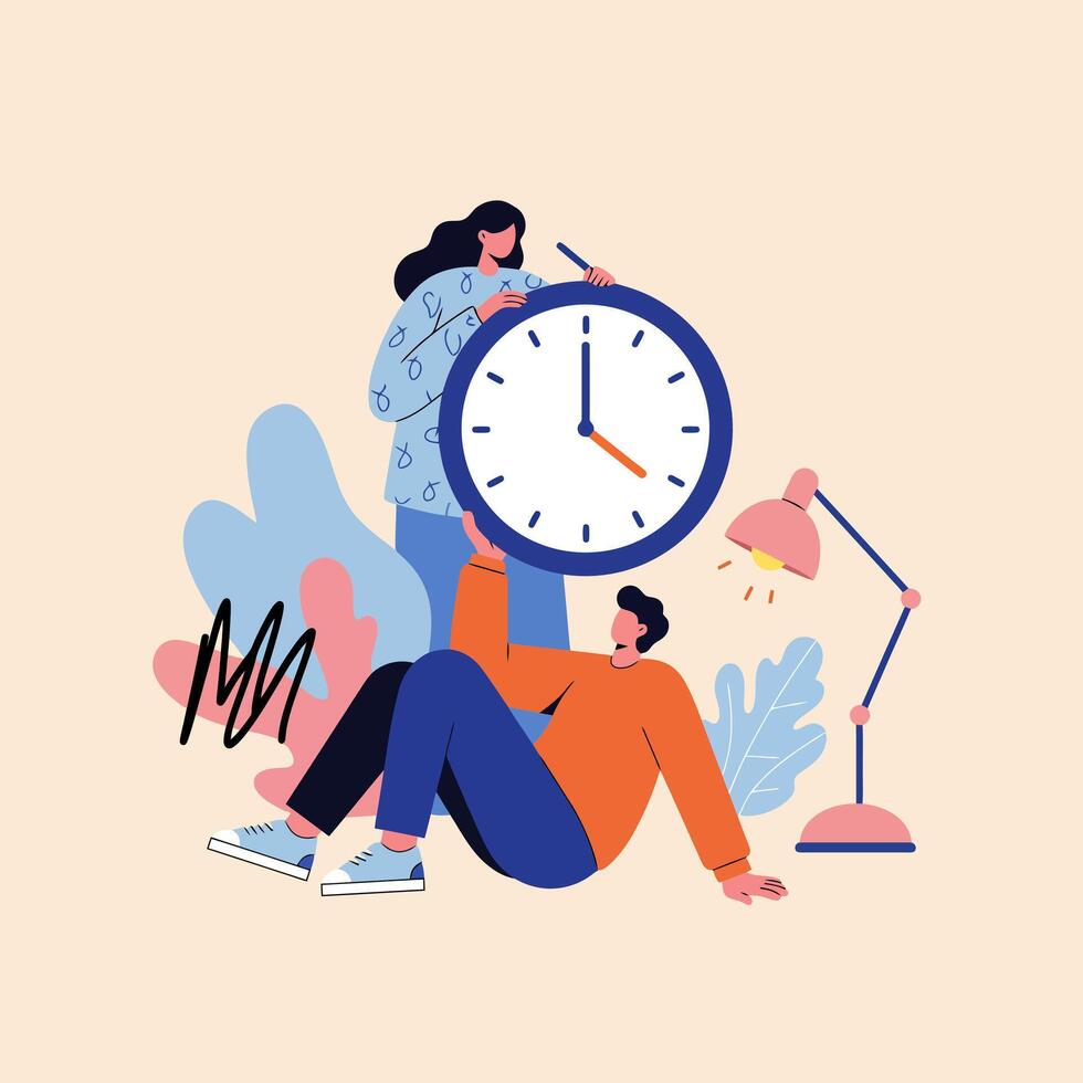 People with Clock Illustration Showing Time Management and Collaboration vector