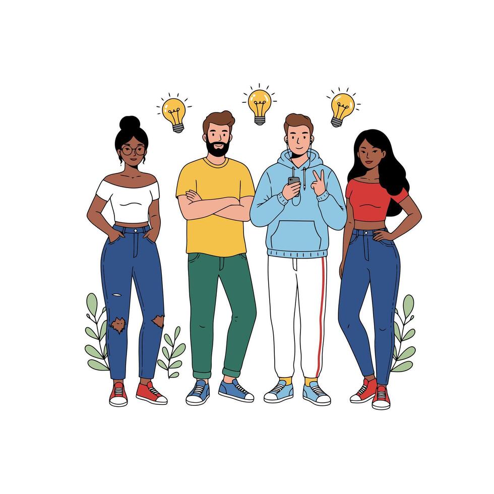 Diverse Team Having Idea Illustration with Light Bulbs Above Them vector