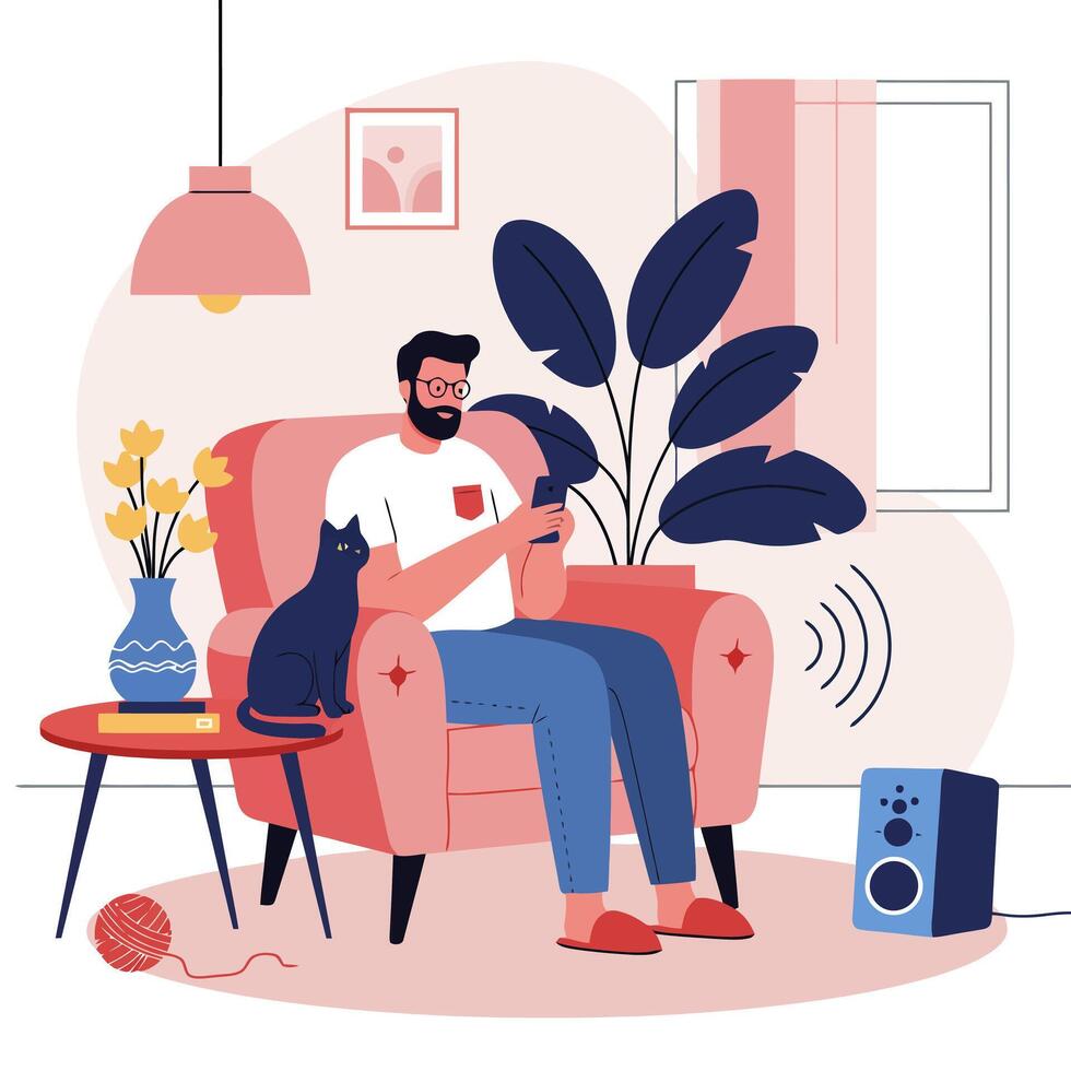 Man Relaxing at Home with Cat Listening Music From Phone vector