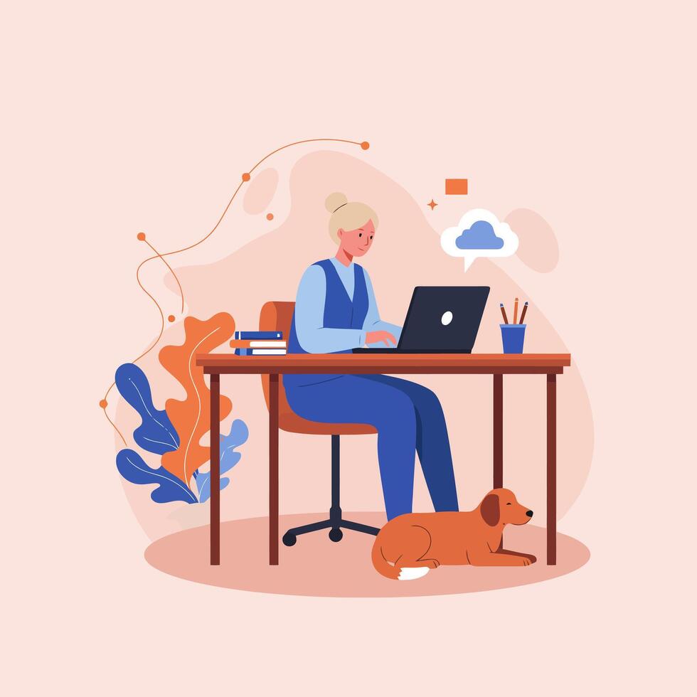 Woman Working From Home with Dog Lying Down Comfortably vector
