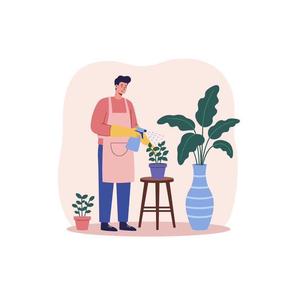 Man Watering Indoor Plant with Spray Bottle in Home Garden vector