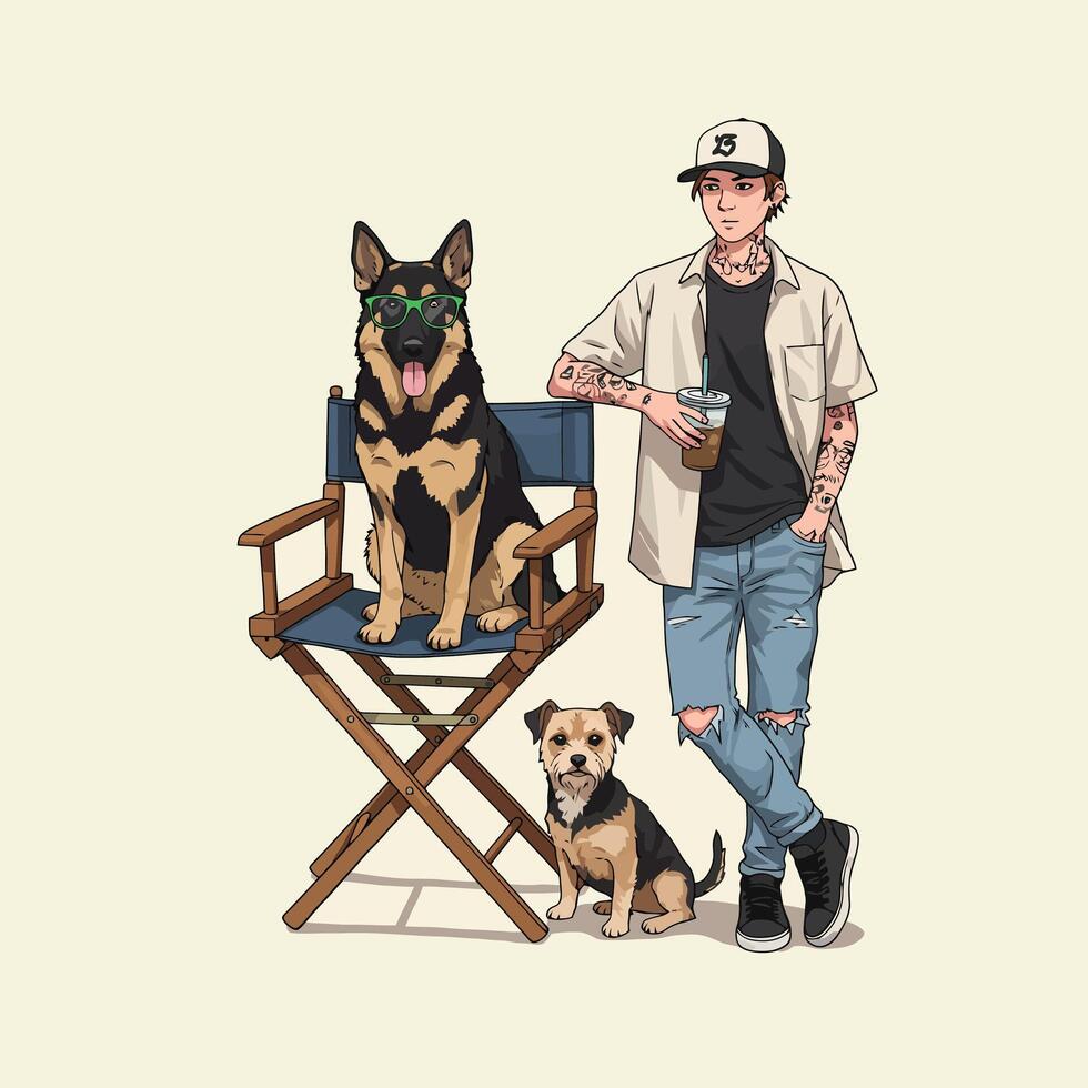 Man with Tattoo Art Relaxing with Dogs and Drink Illustration vector