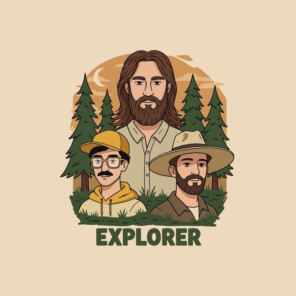 Three Explorers in the Woods Retro Illustration vector