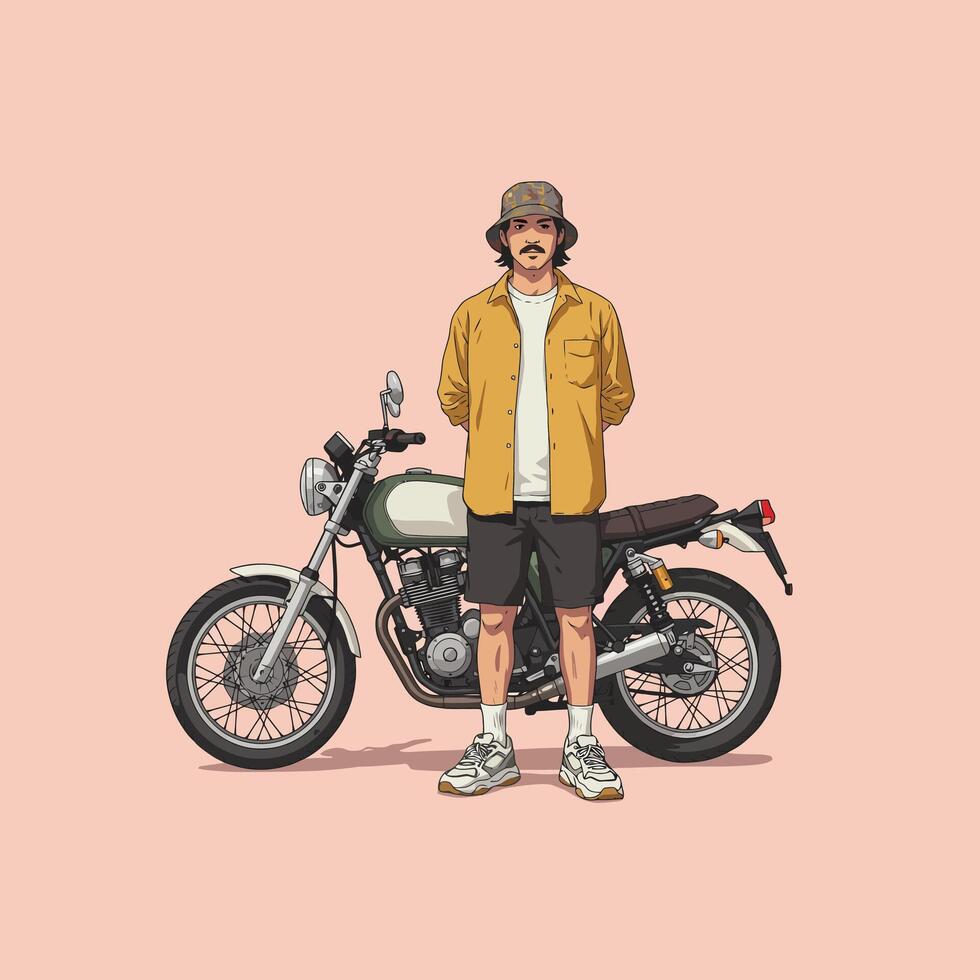 Stylish Man with Vintage Motorcycle Illustration vector