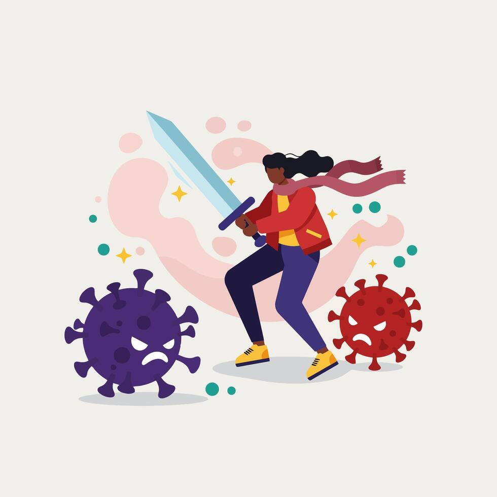 Woman Fighting Viruses with Sword Powerful Health Battle Illustration vector