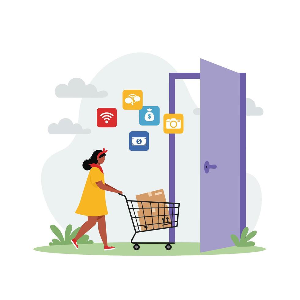 Woman Pushing Shopping Cart with Packages Towards Open Door vector