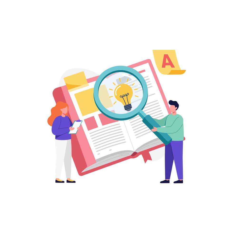 Find Great Ideas Researching with Magnifying Glass Book vector