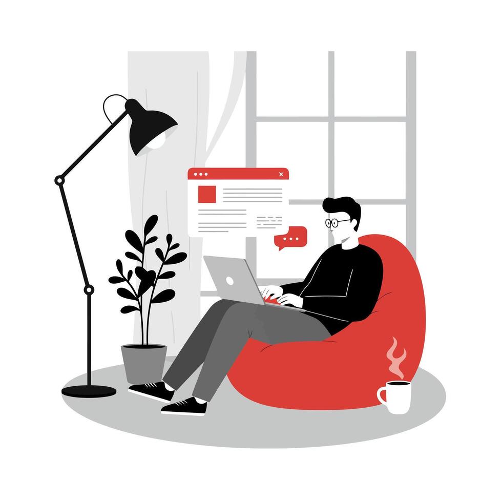 Man Working on Laptop in Comfortable Bean Bag Chair vector
