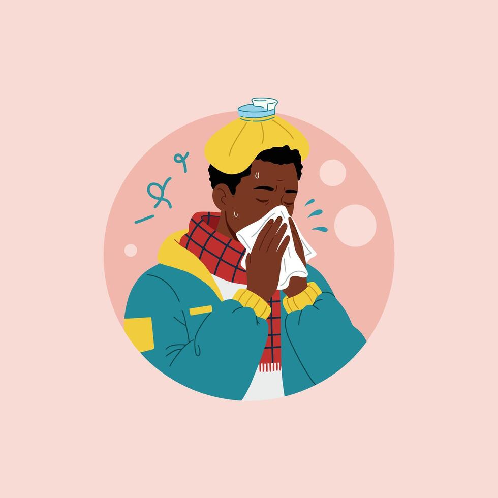 Sick Man Blowing Nose with Ice Pack Illustration vector