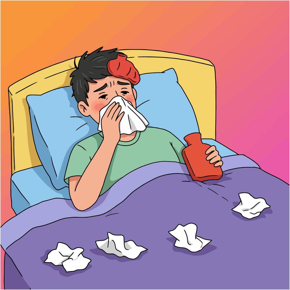 Cartoon Man Sick in Bed with Cold, Holding Tissue and Bottle vector