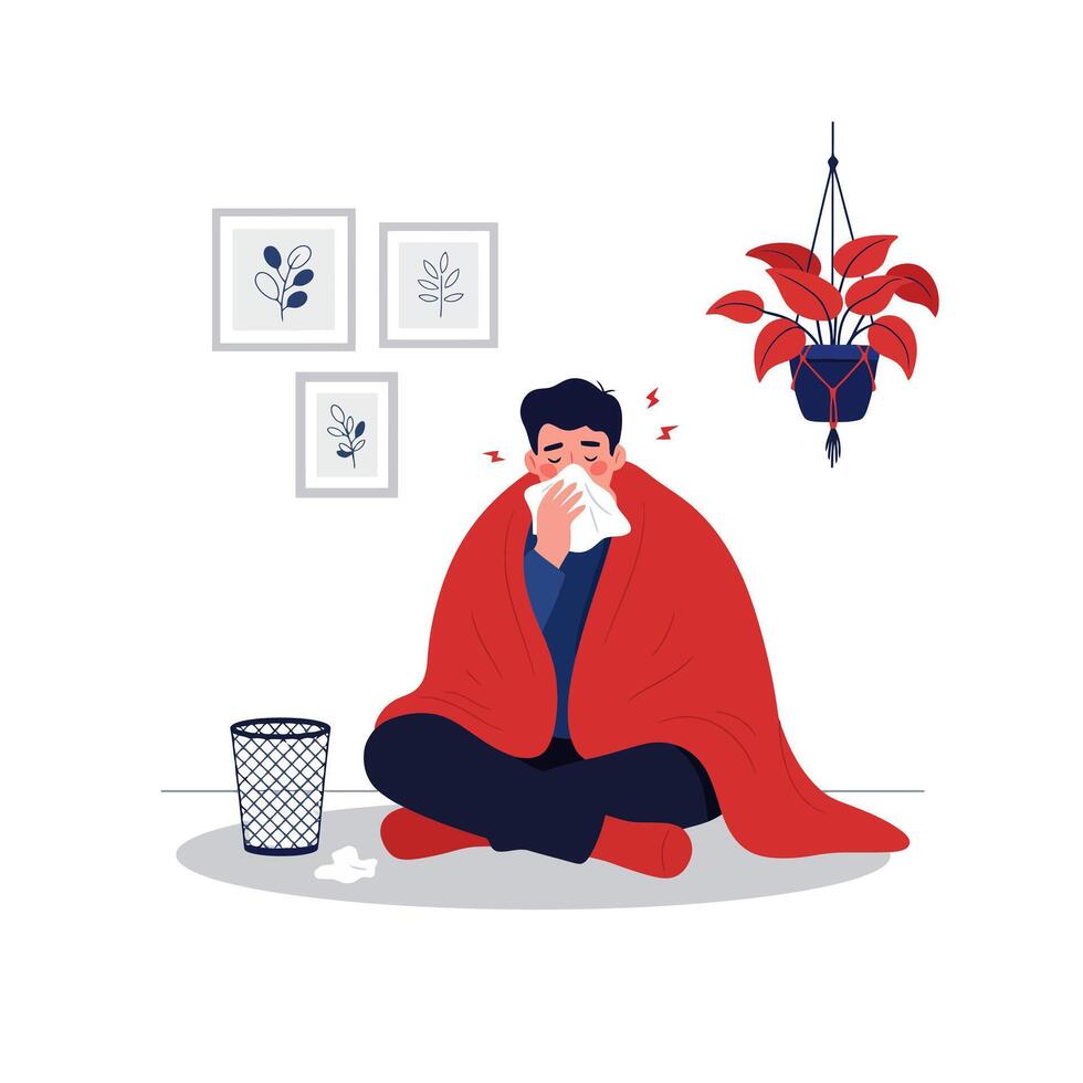 Man Feeling Sick at Home Covered with Blanket Wipes Nose vector