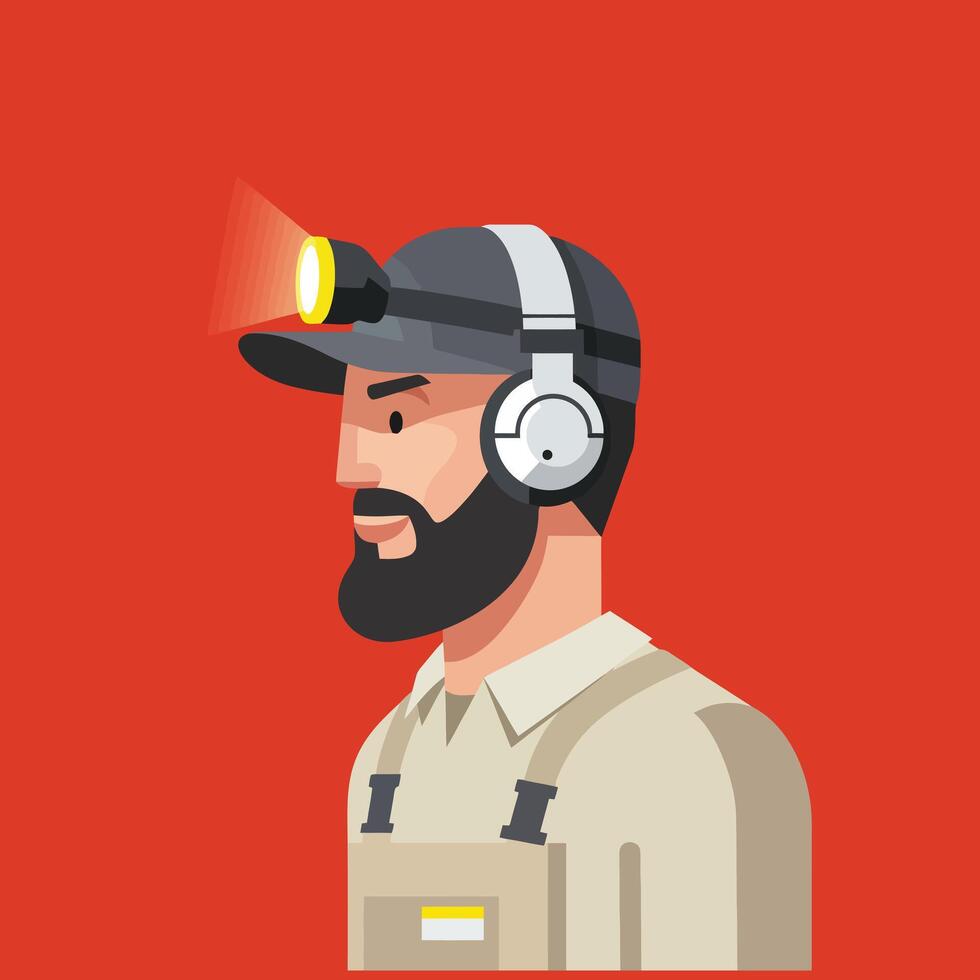 Bearded Man Wearing Headlamp and Headphones Illustration vector