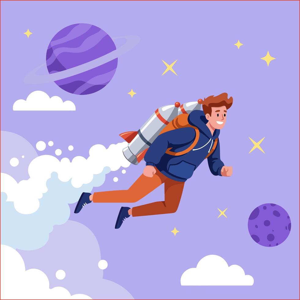 Man Flying with Rocket Pack in Space Cartoon Illustration vector