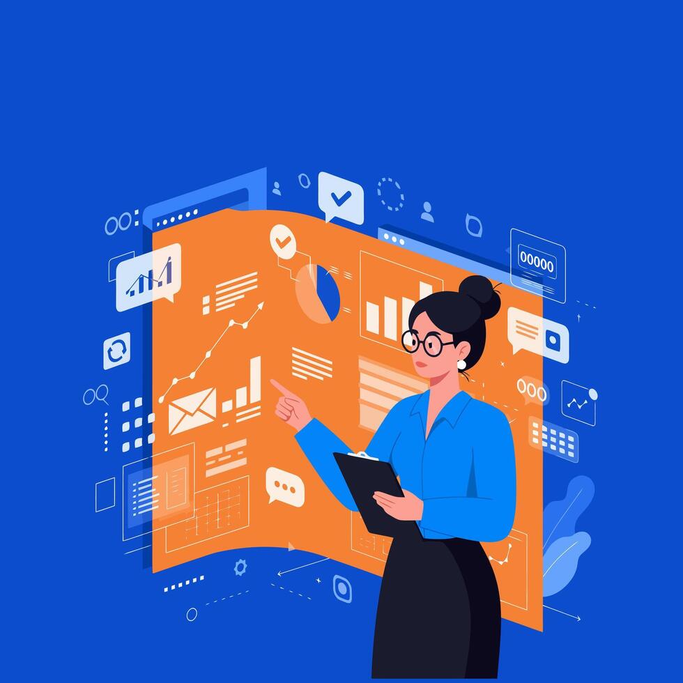 Businesswoman Analyzing Data Charts Graphs on Screen vector