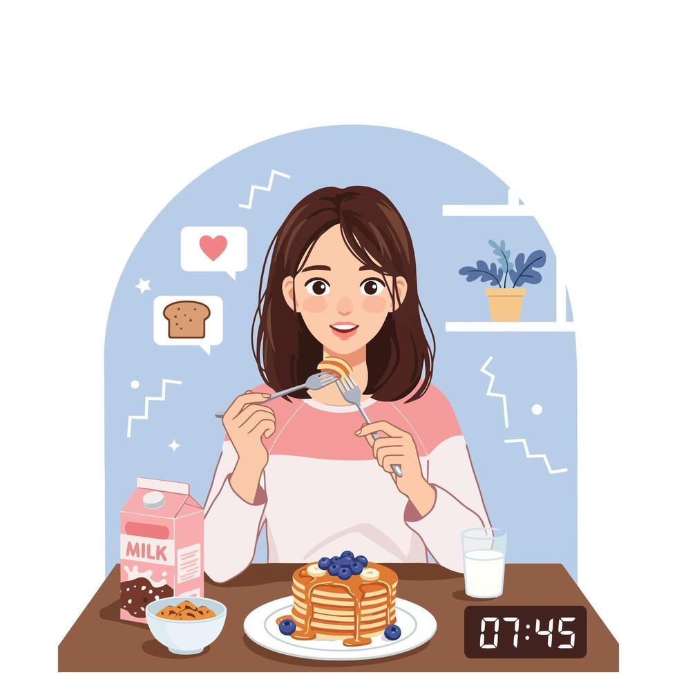 Woman Enjoying Delicious Pancakes Breakfast vector