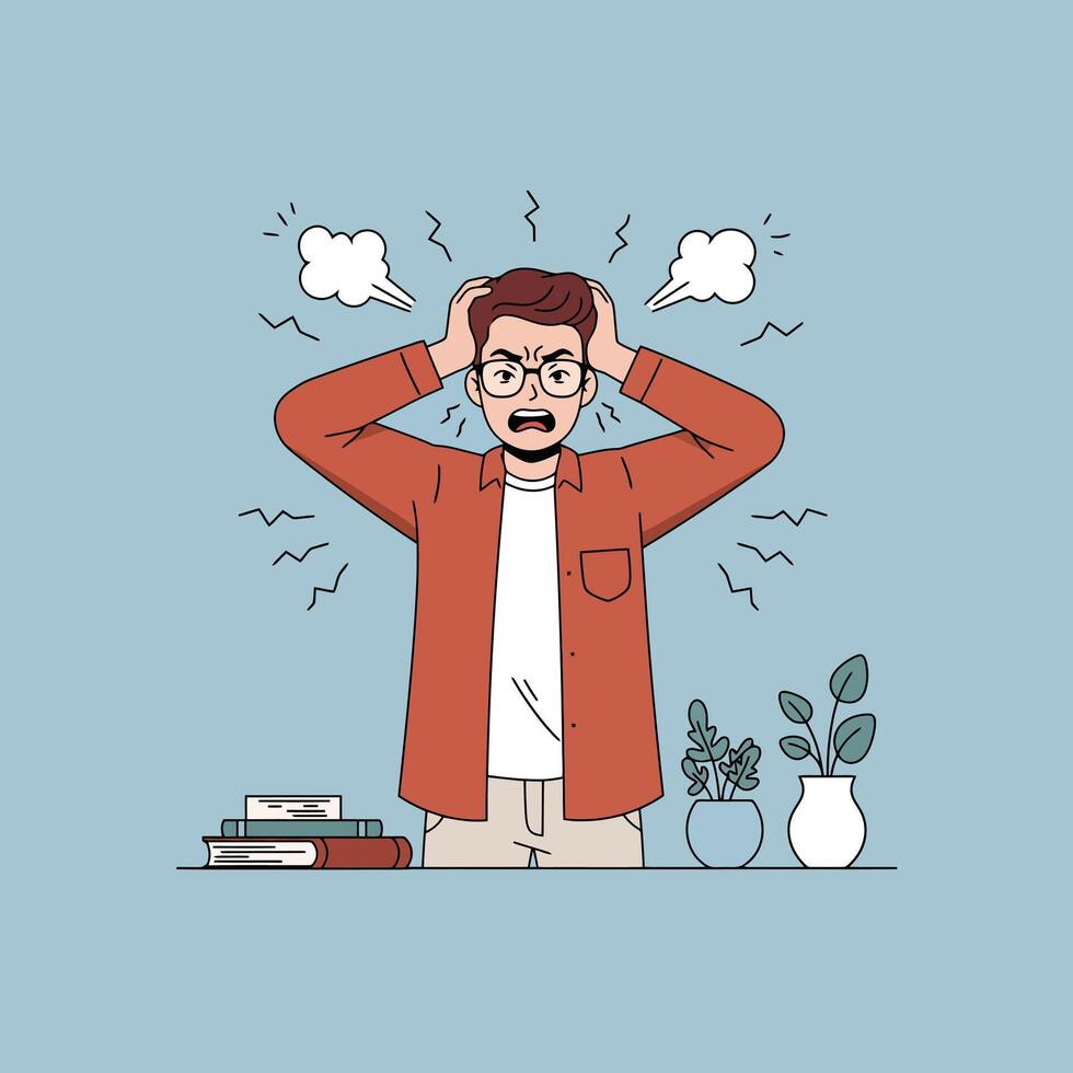 Frustrated Man Stressed at Desk with Books and Plants vector