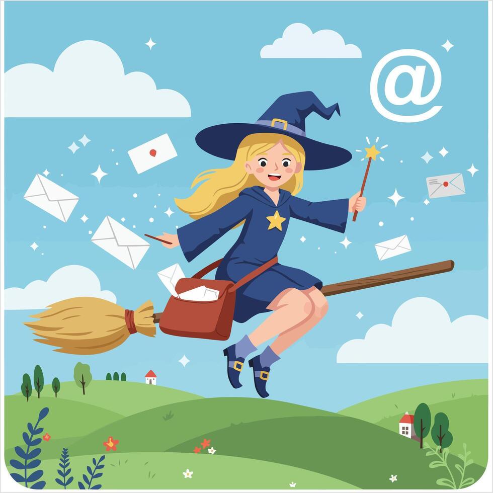 Cute Witch Delivering Emails on a Broomstick vector