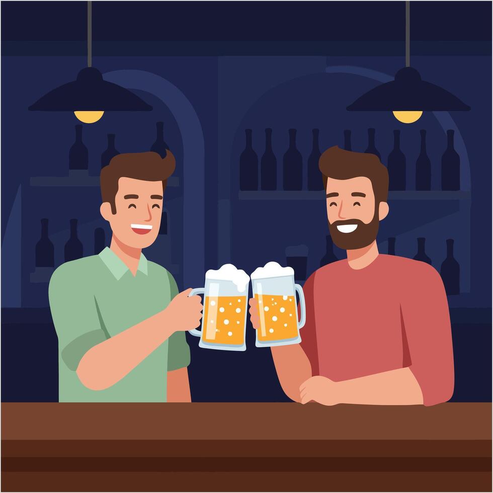 Friends Toasting Beer at Bar Happy Hour Illustration vector
