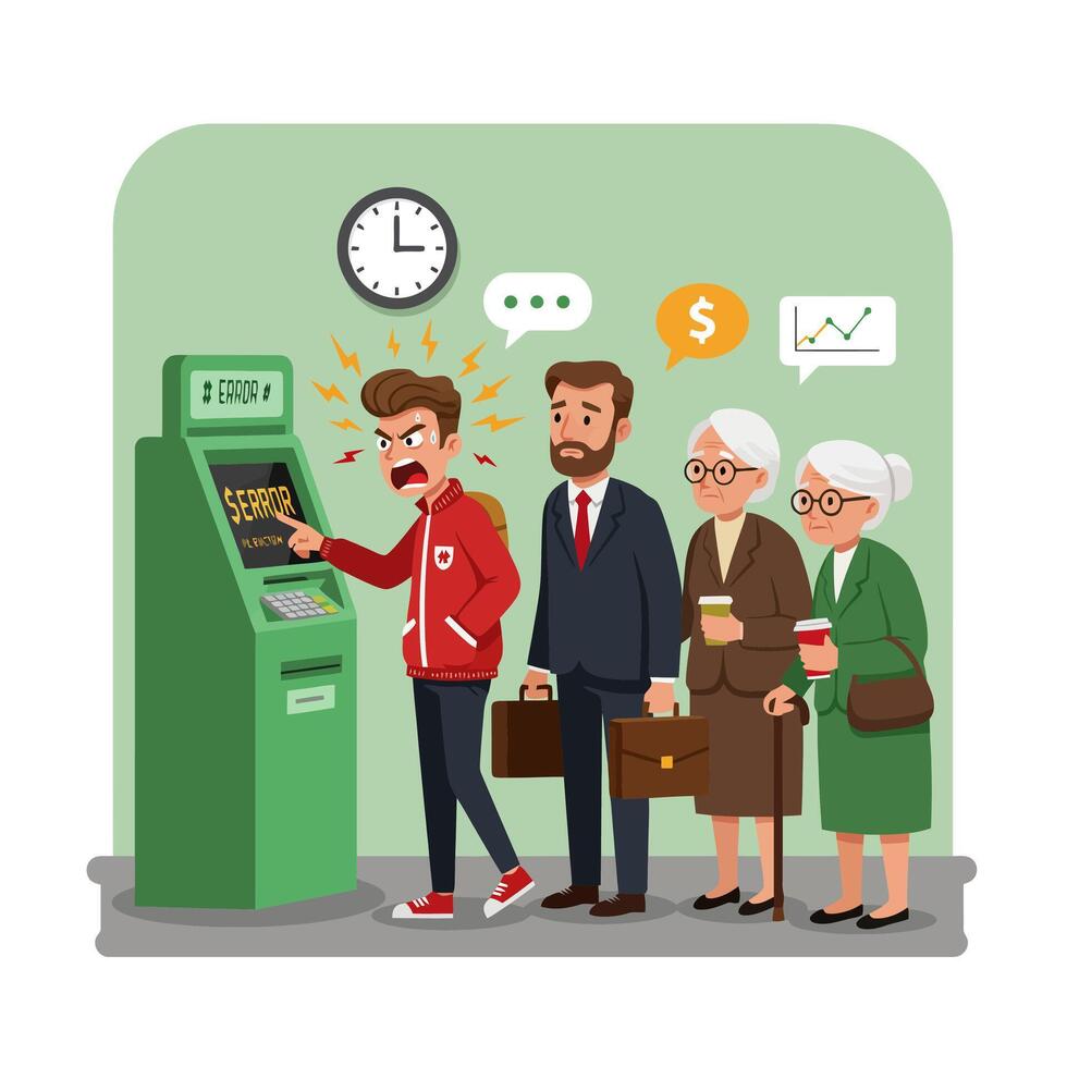 Angry Man Atm Error Frustration Queue Elderly People vector