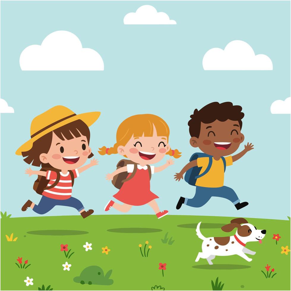 Happy Kids Running Outdoors with Dog in Spring vector