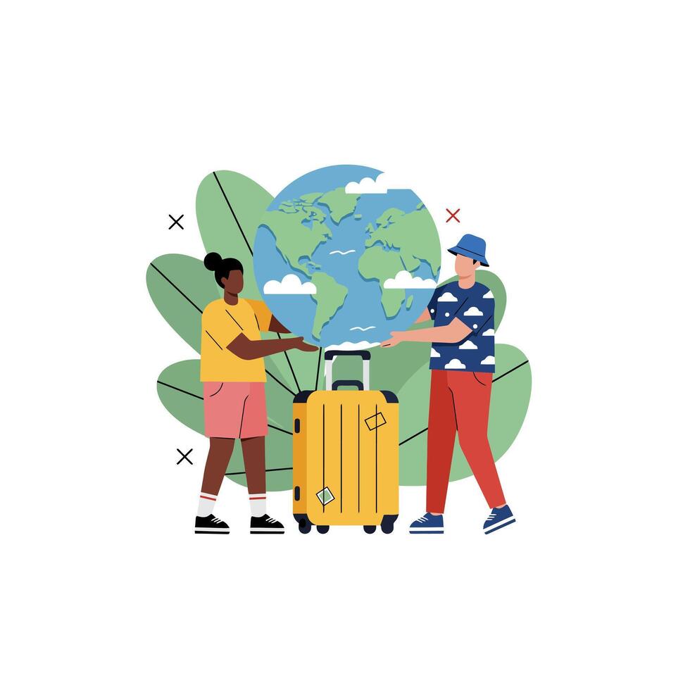 Travel the World Sustainable Adventure Couple Packing Suitcase vector