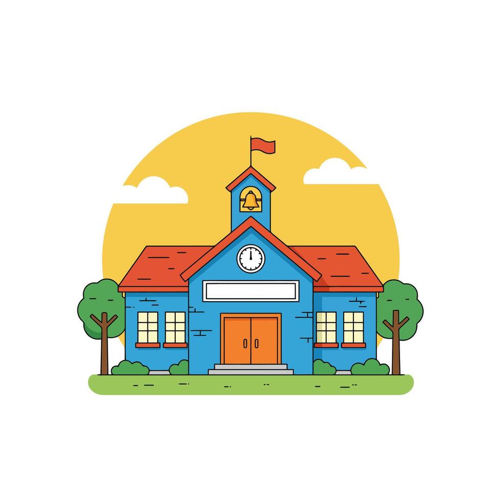 Cute Cartoon School Building Illustration Sunny Day vector