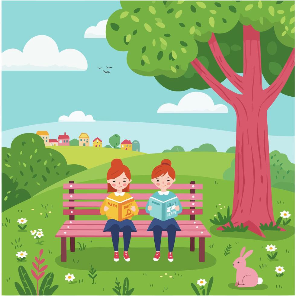 Girls Reading Books on Park Bench Under Tree vector