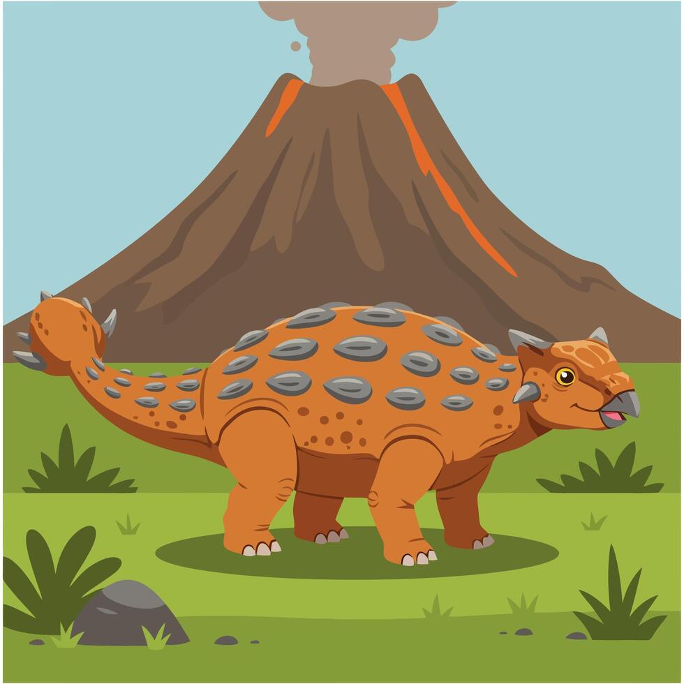 Cute Ankylosaurus Dinosaur Near Volcano Cartoon Illustration vector