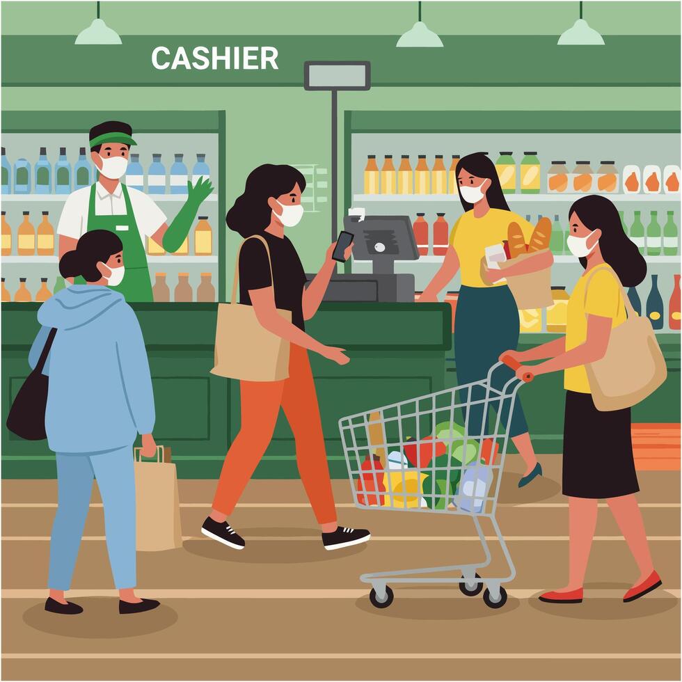 Grocery Shopping Safety Masks Supermarket Checkout vector